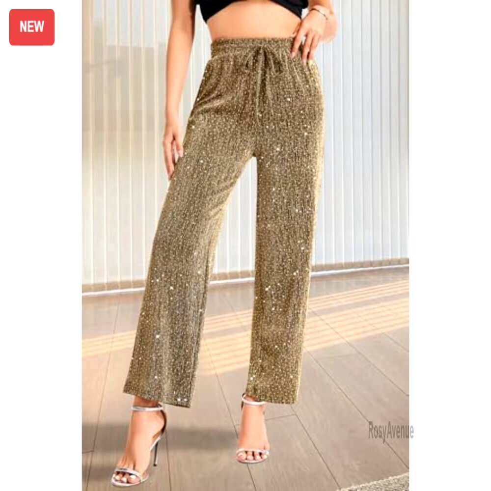 High Elastic Waist Wide Leg Palazzo Pants Glitter Sparkle Casual Loose Long - Picture 2 of 7